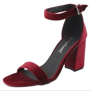 Anne Michelle Burgundy Velvet Strappy Block Heels